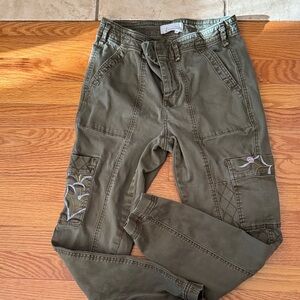 Anthropologie Olive Green Cargo Pants with Embroidered Detail